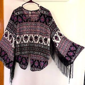 See you Monday, round neck, bell sleeve tassled top, size medium. Sheer, light